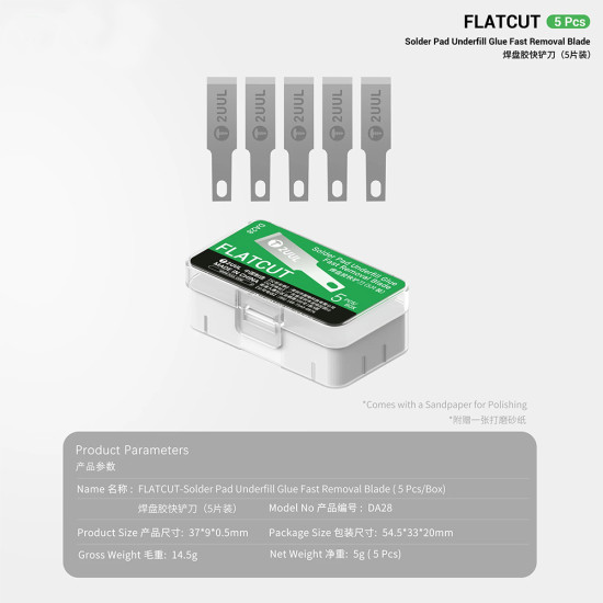 2UUL DA28 FlatCut Solder Pad Underfill Glue Fast Removal Blades (5Pcs)