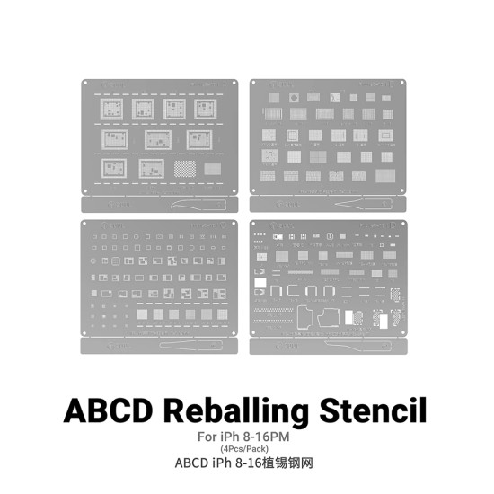 2UUL BG01 4-in-1 ABCD BGA Reballing Stencil Set for iPhone 8 to 16Pro Max 0.12MM (Without 16E)