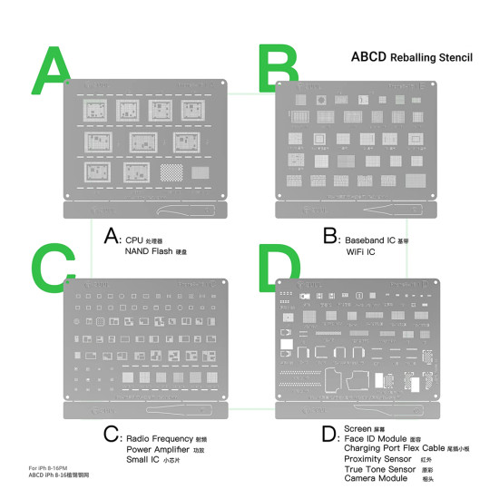 2UUL BG01 4-in-1 ABCD BGA Reballing Stencil Set for iPhone 8 to 16Pro Max 0.12MM (Without 16E)