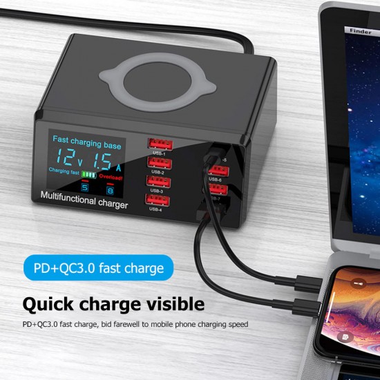 WLX-X9 8 Port USB Smart Lightning Wireless Charger With QC 3.0 & PD Port ( 100W Max Output ) WLX-X9 8 Port USB Smart Lightning Wireless Charger With QC 3.0 & PD Port ( 100W Max Output )