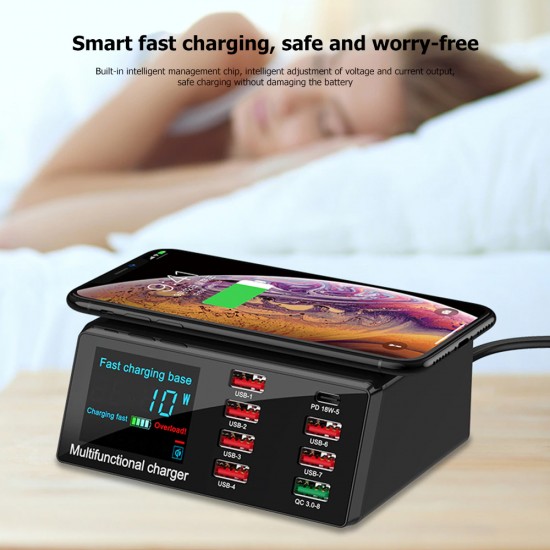 WLX-X9 8 Port USB Smart Lightning Wireless Charger With QC 3.0 & PD Port ( 100W Max Output ) WLX-X9 8 Port USB Smart Lightning Wireless Charger With QC 3.0 & PD Port ( 100W Max Output )