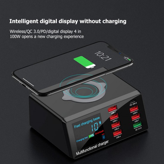 WLX-X9 8 Port USB Smart Lightning Wireless Charger With QC 3.0 & PD Port ( 100W Max Output ) WLX-X9 8 Port USB Smart Lightning Wireless Charger With QC 3.0 & PD Port ( 100W Max Output )