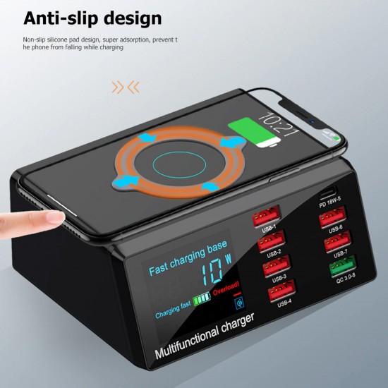 WLX-X9 8 Port USB Smart Lightning Wireless Charger With QC 3.0 & PD Port ( 100W Max Output ) WLX-X9 8 Port USB Smart Lightning Wireless Charger With QC 3.0 & PD Port ( 100W Max Output )