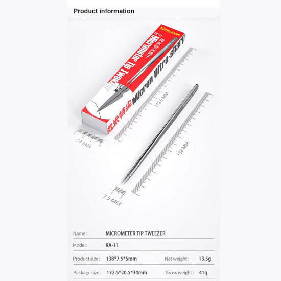Mechanic KA-11 Ultra-fine Stainless Steel Non-Magnetic Micrometer Pointed Tweezer Mechanic KA-11 Ultra-fine Stainless Steel Non-Magnetic Micrometer Pointed Tweezer