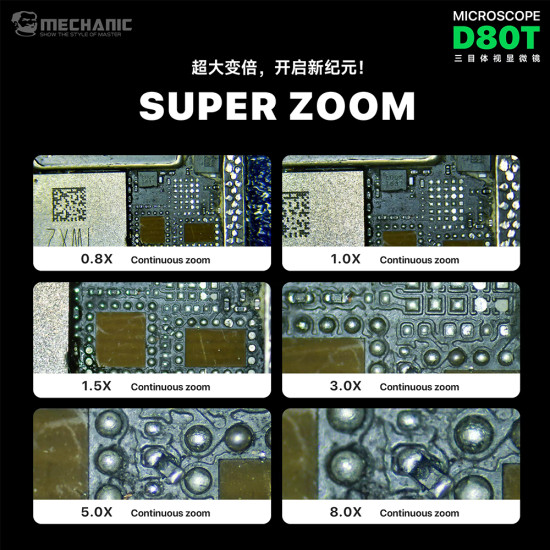 Mechanic D80T 8-80X (3D Continuous Zoom) High-Power Trinocular Stereo Microscope with Big Base