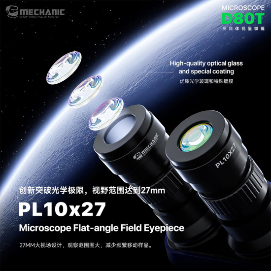 Mechanic D80T 8-80X (3D Continuous Zoom) High-Power Trinocular Stereo Microscope with Big Base