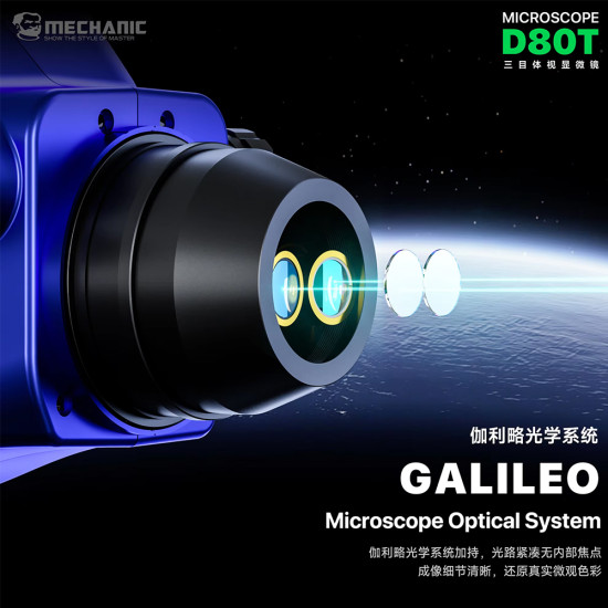 Mechanic D80T 8-80X (3D Continuous Zoom) High-Power Trinocular Stereo Microscope with Big Base