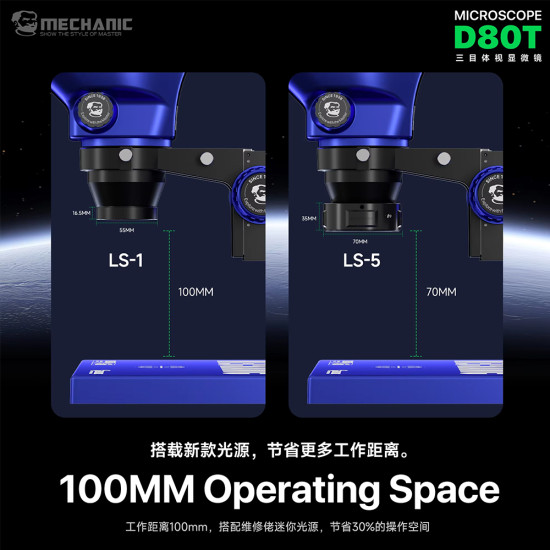 Mechanic D80T 8-80X (3D Continuous Zoom) High-Power Trinocular Stereo Microscope with Big Base