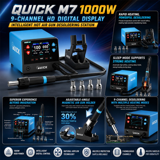 Quick M7 9Channel HD Digital Display Intelligent Hot Air Gun Desoldering Station (1000W)