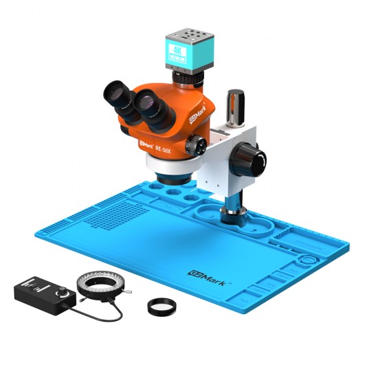 G2Mark RE-50X With RF4 4K Ultra HD Camera (3D Continuous Zoom) 7X~50X Trinocular Stereo Microscope With 0.5X CTV Camera Zoom Lens & LED Adjustable Light Exclusive Quality - Blue Base G2Mark RE-50X With RF4 4K Ultra HD Camera (3D Continuous Zoom) 7X~50X Trinocular Stereo Microscope With 0.5X CTV Camera Zoom Lens & LED Adjustable Light Exclusive Quality - Blue Base