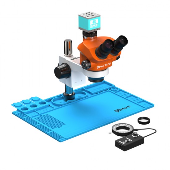 G2Mark RE-50X With RF4 4K Ultra HD Camera (3D Continuous Zoom) 7X~50X Trinocular Stereo Microscope With 0.5X CTV Camera Zoom Lens & LED Adjustable Light Exclusive Quality - Blue Base G2Mark RE-50X With RF4 4K Ultra HD Camera (3D Continuous Zoom) 7X~50X Trinocular Stereo Microscope With 0.5X CTV Camera Zoom Lens & LED Adjustable Light Exclusive Quality - Blue Base