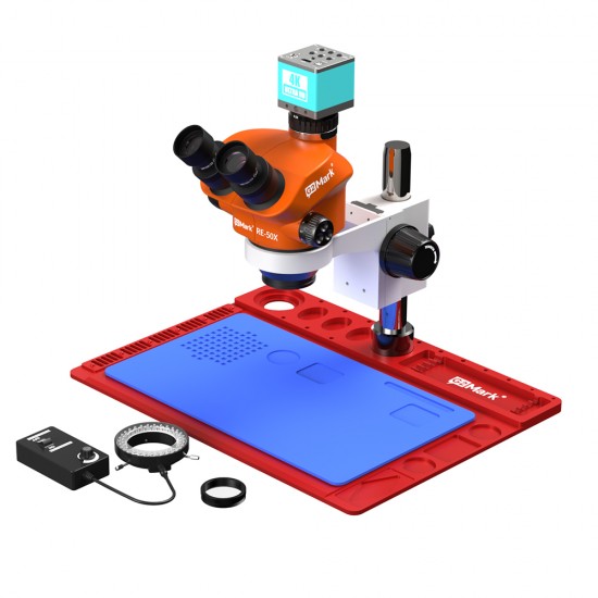 G2Mark RE-50X With RF4 4K Ultra HD Camera (3D Continuous Zoom) 7X~50X Trinocular Stereo Microscope With 0.5X CTV Camera Zoom Lens & LED Adjustable Light Exclusive Quality - Red Base G2Mark RE-50X With RF4 4K Ultra HD Camera (3D Continuous Zoom) 7X~50X Trinocular Stereo Microscope With 0.5X CTV Camera Zoom Lens & LED Adjustable Light Exclusive Quality - Red Base
