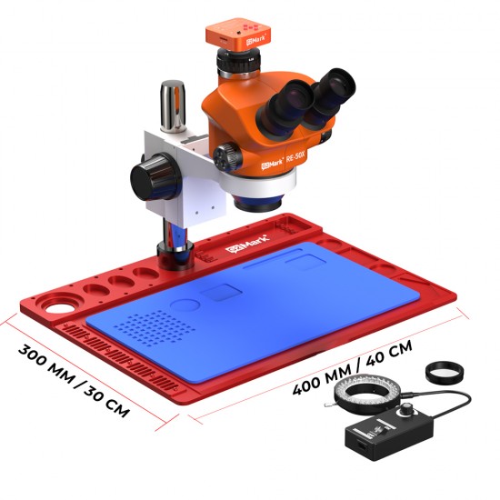 G2Mark RE-50X With 52MP FHD Camera (3D Continuous Zoom) 7X~50X Trinocular Stereo Microscope With 0.5X CTV Camera Zoom Lens & LED Adjustable Light Exclusive Quality - Red Base G2Mark RE-50X With 52MP FHD Camera (3D Continuous Zoom) 7X~50X Trinocular Stereo Microscope With 0.5X CTV Camera Zoom Lens & LED Adjustable Light Exclusive Quality - Red Base
