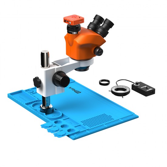 G2Mark RE-50X With 52MP FHD Camera (3D Continuous Zoom) 7X~50X Trinocular Stereo Microscope With 0.5X CTV Camera Zoom Lens & LED Adjustable Light Exclusive Quality - Blue Base G2Mark RE-50X With 52MP FHD Camera (3D Continuous Zoom) 7X~50X Trinocular Stereo Microscope With 0.5X CTV Camera Zoom Lens & LED Adjustable Light Exclusive Quality - Blue Base