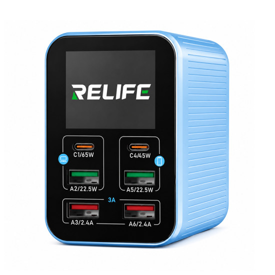 Relife Q4 6-Port Dual PD+QC Smart Color Screen Fast Charger (72W)
