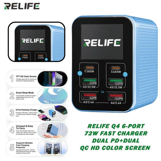 Relife Q4 6-Port Dual PD+QC Smart Color Screen Fast Charger (72W)