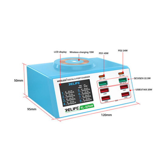 Relife RL-309AW Smart Digital Display 8-Ports QC3.0 PD Fast Charger Station With Wireless Charging (100W Max Output) Relife RL-309AW Smart Digital Display 8-Ports QC3.0 PD Fast Charger Station With Wireless Charging (100W Max Output)