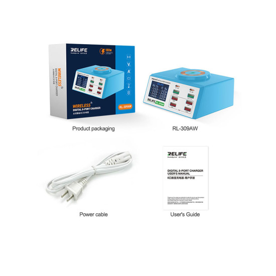 Relife RL-309AW Smart Digital Display 8-Ports QC3.0 PD Fast Charger Station With Wireless Charging (100W Max Output) Relife RL-309AW Smart Digital Display 8-Ports QC3.0 PD Fast Charger Station With Wireless Charging (100W Max Output)