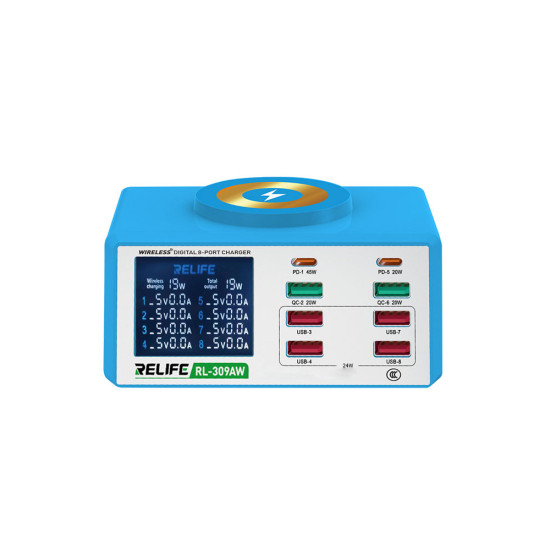 Relife RL-309AW Smart Digital Display 8-Ports QC3.0 PD Fast Charger Station With Wireless Charging (100W Max Output) Relife RL-309AW Smart Digital Display 8-Ports QC3.0 PD Fast Charger Station With Wireless Charging (100W Max Output)