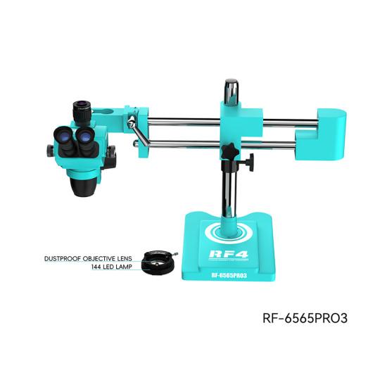 RF4 RF6565-Pro 3 (6.5-65X) Synchronous Zoom Trinocular Stereo Microscope With Double-arm Boom Stand