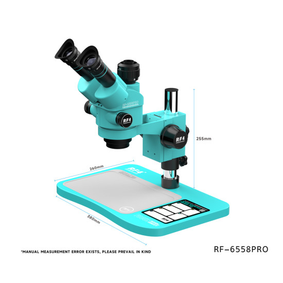 RF4 RF6558 Pro (6.5X-58X) Trinocular Full HD Stereo Microscope With Zooming 0.5X CTV Camera Lens & LED Adjustable Light
