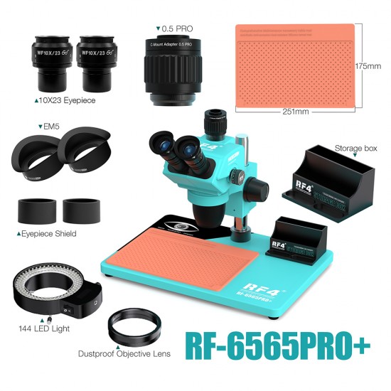 RF4 RF-6565Pro+ Trinocular Full HD Stereo Microscope With Zooming 0.5X CTV Camera Lens & LED Adjustable Light Exclusive Quality RF4 RF-6565Pro+ Trinocular Full HD Stereo Microscope With Zooming 0.5X CTV Camera Lens & LED Adjustable Light Exclusive Quality