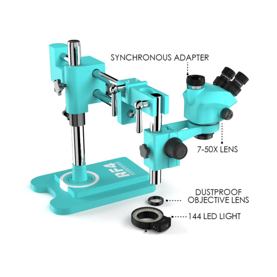 RF4 RF7050-TVW (3D Continuous Zoom) 7X-50X 360° Swiveling Trinocular Microscope With Zooming 0.5X CTV Camera Lens RF4 RF7050-TVW (3D Continuous Zoom) 7X-50X 360° Swiveling Trinocular Microscope With Zooming 0.5X CTV Camera Lens