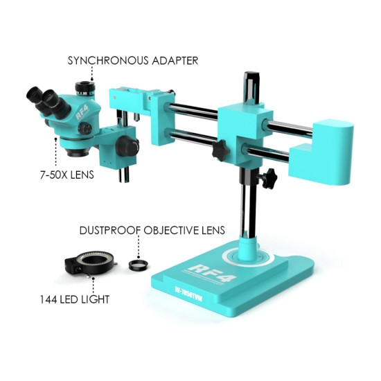 RF4 RF7050-TVW (3D Continuous Zoom) 7X-50X 360° Swiveling Trinocular Microscope With Zooming 0.5X CTV Camera Lens RF4 RF7050-TVW (3D Continuous Zoom) 7X-50X 360° Swiveling Trinocular Microscope With Zooming 0.5X CTV Camera Lens