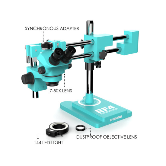RF4 RF7050-TVW (3D Continuous Zoom) 7X-50X 360° Swiveling Trinocular Microscope With Zooming 0.5X CTV Camera Lens RF4 RF7050-TVW (3D Continuous Zoom) 7X-50X 360° Swiveling Trinocular Microscope With Zooming 0.5X CTV Camera Lens