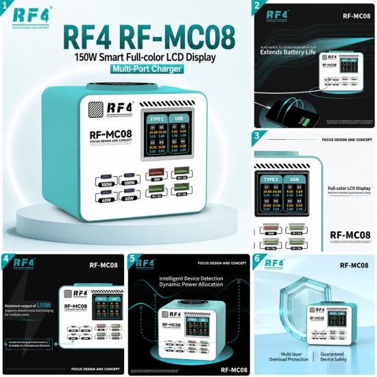 RF4 RF-MC08 Smart Full-color LCD Display Multi-Port Charger (150W)