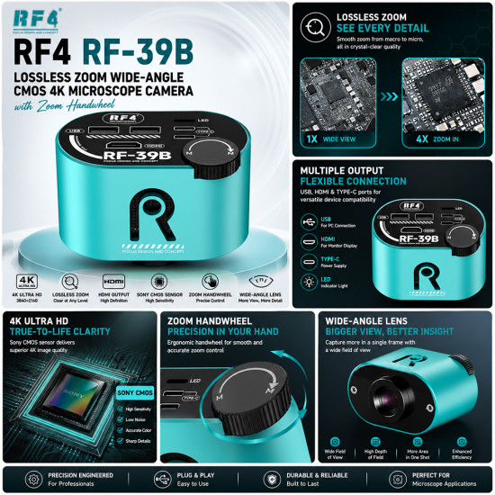 RF4 RF-39B Wide-Angle CMOS 4K Microscope Camera With Zoom Handwheel