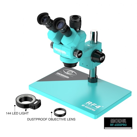RF4 RF6555-PRO 6.5X-55X Trinocular Full HD Stereo Microscope With Zooming 0.48X CTV Camera Lens & LED Adjustable Light RF4 RF6555-PRO 6.5X-55X Trinocular Full HD Stereo Microscope With Zooming 0.48X CTV Camera Lens & LED Adjustable Light