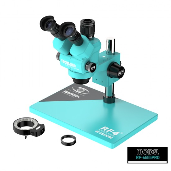 RF4 RF6555-PRO 6.5X-55X Trinocular Full HD Stereo Microscope With Zooming 0.48X CTV Camera Lens & LED Adjustable Light RF4 RF6555-PRO 6.5X-55X Trinocular Full HD Stereo Microscope With Zooming 0.48X CTV Camera Lens & LED Adjustable Light