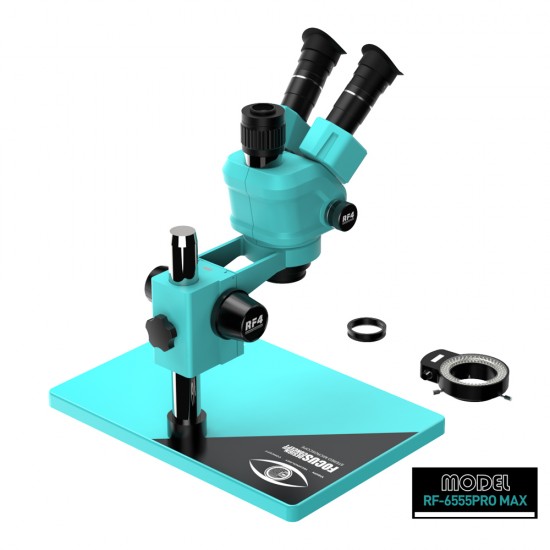 RF4 RF6555-PRO Max 6.5X-55X Trinocular Full HD Stereo Microscope With Zooming 0.48X CTV Camera Lens & LED Adjustable Light RF4 RF6555-PRO Max 6.5X-55X Trinocular Full HD Stereo Microscope With Zooming 0.48X CTV Camera Lens & LED Adjustable Light