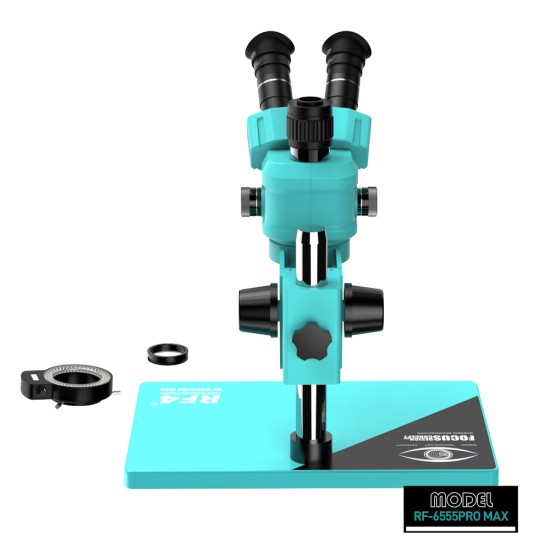 RF4 RF6555-PRO Max 6.5X-55X Trinocular Full HD Stereo Microscope With Zooming 0.48X CTV Camera Lens & LED Adjustable Light RF4 RF6555-PRO Max 6.5X-55X Trinocular Full HD Stereo Microscope With Zooming 0.48X CTV Camera Lens & LED Adjustable Light