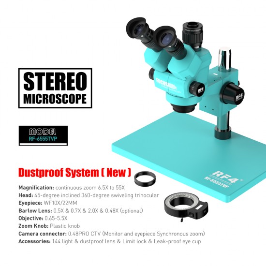 RF4 RF6555-TVP 6.5X-55X Trinocular Full HD Stereo Microscope With Zooming 0.48X CTV Camera Lens & LED Adjustable Light RF4 RF6555-TVP 6.5X-55X Trinocular Full HD Stereo Microscope With Zooming 0.48X CTV Camera Lens & LED Adjustable Light