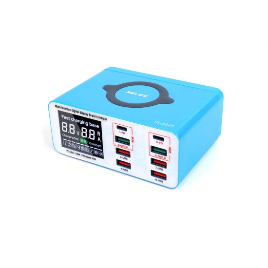 Relife RL-304S 8 USB+PD Port Smart Lightning Charger With Wireless (Upto 10W) Charging Relife RL-304S 8 USB+PD Port Smart Lightning Charger With Wireless (Upto 10W) Charging