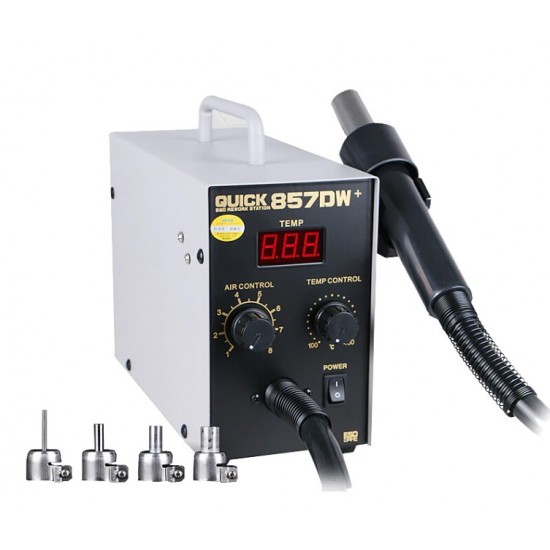 QUICK 857DW+ Lead Free Adjustable Hot Air Heat Gun With Helical Wind 580W SMD Rework Station QUICK 857DW+ Lead Free Adjustable Hot Air Heat Gun With Helical Wind 580W SMD Rework Station