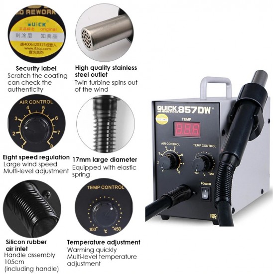 QUICK 857DW+ Lead Free Adjustable Hot Air Heat Gun With Helical Wind 580W SMD Rework Station QUICK 857DW+ Lead Free Adjustable Hot Air Heat Gun With Helical Wind 580W SMD Rework Station