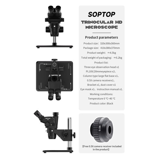 Soptop 9# (6.7-45X) Trinocular Full HD Stereo Microscope With Zooming 0.5X CTV Camera Lens & LED Adjustable Light