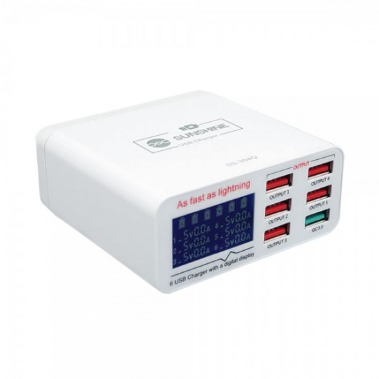 Sunshine SS-304Q 6 Port USB Smart Lightning Charger With QC 3.0 Port Sunshine SS-304Q 6 Port USB Smart Lightning Charger With QC 3.0 Port