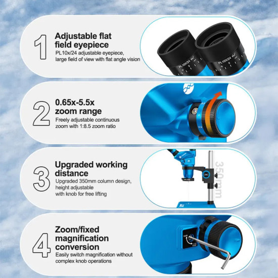 Sunshine 71 Ultra B11 (6.5X-55X) Trinocular Stereo Microscope With Zooming 0.5X CTV Camera Lens & LED Adjustable Light