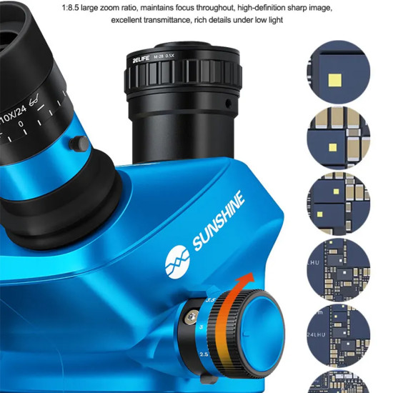 Sunshine 71 Ultra B11 (6.5X-55X) Trinocular Stereo Microscope With Zooming 0.5X CTV Camera Lens & LED Adjustable Light