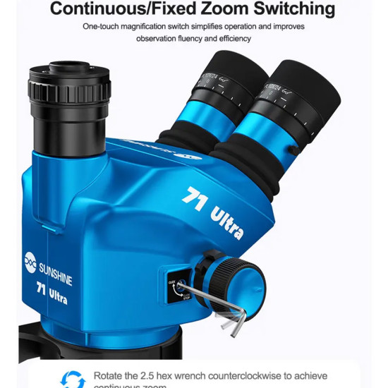 Sunshine 71 Ultra B11 (6.5X-55X) Trinocular Stereo Microscope With Zooming 0.5X CTV Camera Lens & LED Adjustable Light