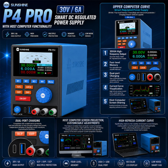 Sunshine P4 Pro Smart DC Regulated Power Supply with Host Computer Functionality (30V / 6A)
