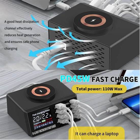 WLX-X9M 8 Port USB Smart Lightning Wireless Charger With QC 3.0 & PD Port (110W Max Output)