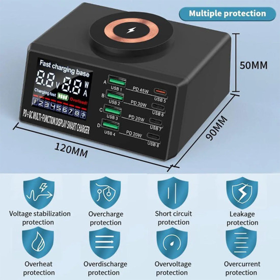 WLX-X9M 8 Port USB Smart Lightning Wireless Charger With QC 3.0 & PD Port (110W Max Output)