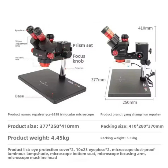 YCS 6558X (3D Continuous Zoom) 6.5X~58X Trinocular Stereo Microscope With 0.5X CTV Camera Zoom Lens & LED Adjustable Light