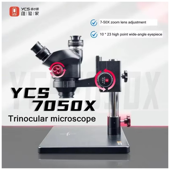 YCS 7050 (3D Continuous Zoom) 7X~50X Trinocular Stereo Microscope With 0.5X CTV Camera Zoom Lens & LED Adjustable Light YCS 7050 (3D Continuous Zoom) 7X~50X Trinocular Stereo Microscope With 0.5X CTV Camera Zoom Lens & LED Adjustable Light