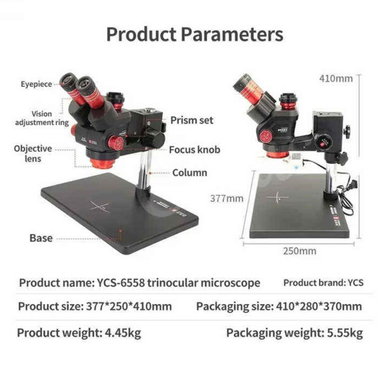 YCS 6558S (3D Continuous Zoom) 6.5X~58X Trinocular Stereo Microscope With 0.5X CTV Camera Zoom Lens & LED Adjustable Light